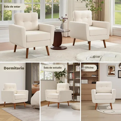 Vista 4 de Tbfit Paquete de 2 sofás individuales de tela de lino, silla decorativa, sillón moderno de mediados de siglo para sala de estar, dormitorio Beige