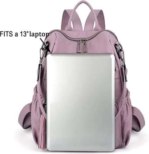 Vista 8 de UTO Mochila de cuero vegano para mujer, diseño de moda, convertible con borla, para viajes, con borla