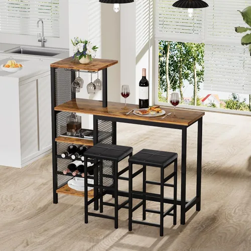 Vista 3 de VECELO Juego de mesa y sillas de bar para 2, juego de comedor de 3 piezas con estantes de almacenamiento, portavasos y estante para vinos, taburetes