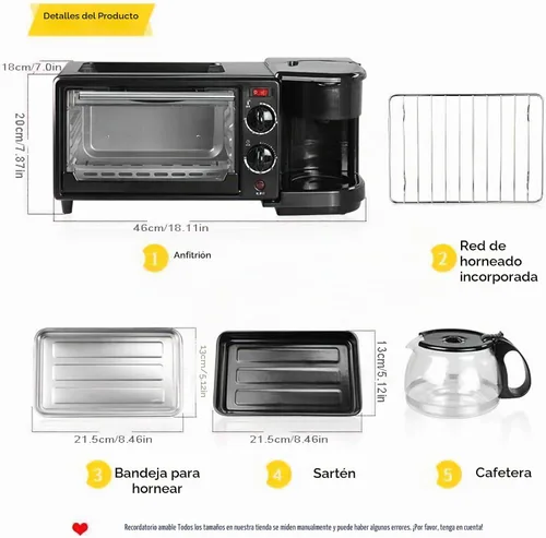 Vista 3 de Máquina de desayuno casera multifuncional 3 en 1, mini horno, cafetera (negro)