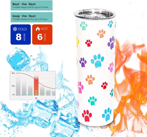 Vista 5 de Vasos delgados para perros de 20 onzas, taza de viaje para mamá, vaso con estampado de patas con tapa para mujeres, regalos de festival compuesto