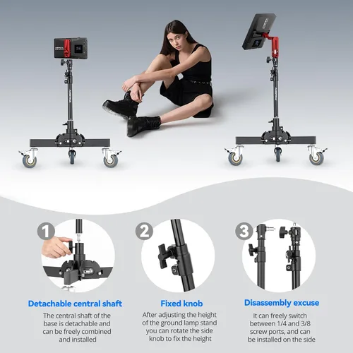 Vista 7 de AMBITFUL Soporte de luz resistente con ruedas, soporte de trípode de fotografía de 21 a 31.9 pulgadas con diseño plegable de altura ajustable y 3