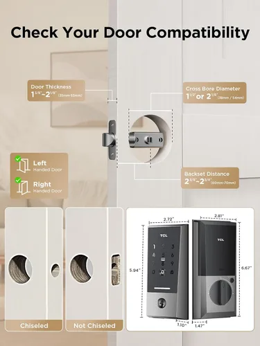 Vista 8 de TCL Cerradura inteligente D2, cerradura de puerta de entrada sin llave con control de aplicación, códigos de acceso, llaves mecánicas y códigos