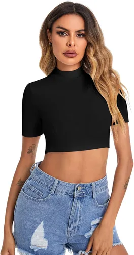 Vista 6 de Verdusa Camisetas cortas básicas de manga corta con cuello alto alto para mujer