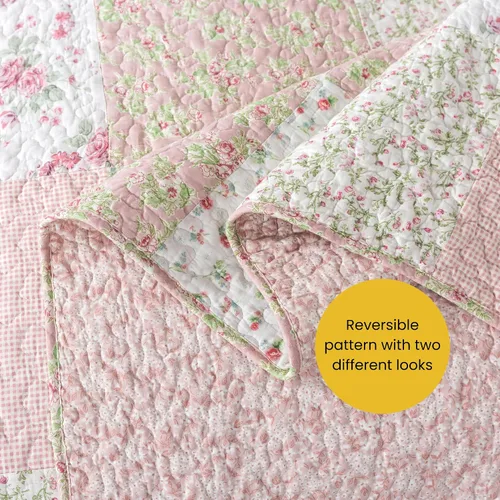 Vista 5 de Soul & Lane Blush Bloom - Juego de colcha de algodón, tamaño individual con 1 funda de almohada, colcha acolchada floral con diseño de parches
