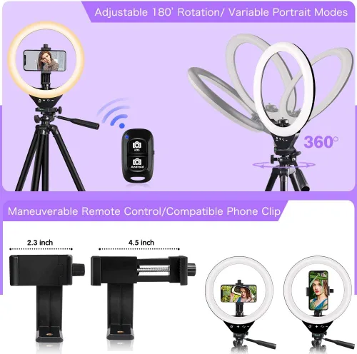 Vista 4 de EICAUS Anillo de luz de 10 pulgadas con soporte y soporte para teléfono, trípode para teléfono celular con luz de anillo y soporte para teléfono