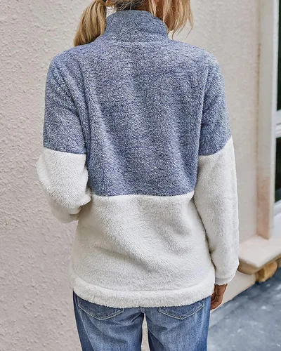 Vista 3 de BTFBM - Suéter sin botones de sherpa con capucha para mujer, con 1/4 de cremallera y manga larga, suave y mullida, de vellón Azul