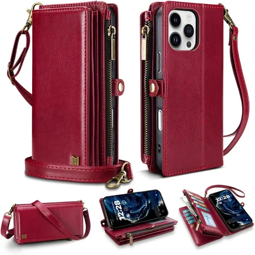 Vista 20 de Funda tipo cartera para iPhone 16 Pro Max con 8 tarjeteros, bloqueo RFID, piel sintética, función atril, abatible, correa de muñeca y correa