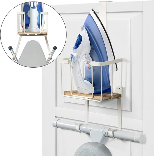 Vista 9 de TJ.MOREE Soporte de pared/sobre la puerta para tabla de planchar con gran cesta de almacenamiento, soporte para plancha y tabla de planchar