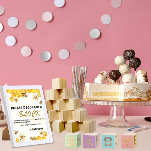 Vista 5 de Kit de decoración de bloques de madera para baby shower, juego de manualidades con temática de abeja 45 cubos de madera en blanco y 24 pinturas