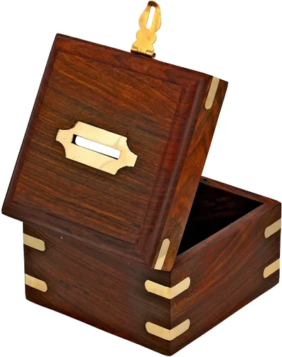 Vista 7 de Ajuny Banco de dinero de madera, hecho a mano, forma cuadrada, decorativa