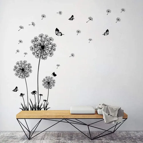 Vista 2 de decalmile Calcomanías de pared de diente de león, flores voladoras, mariposas, calcomanías de pared de diente de león, decoración de sala de estar