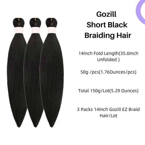 Vista 8 de Pelo corto negro trenzado preestirado de 14 pulgadas para trenzas sin nudos, pelo sintético 1B trenzado para trenzas Bob Box