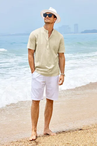 Vista 3 de Lakimani Camisa Henley de lino de algodón para hombre, manga corta, rayas verticales, ajuste regular, camisas de verano