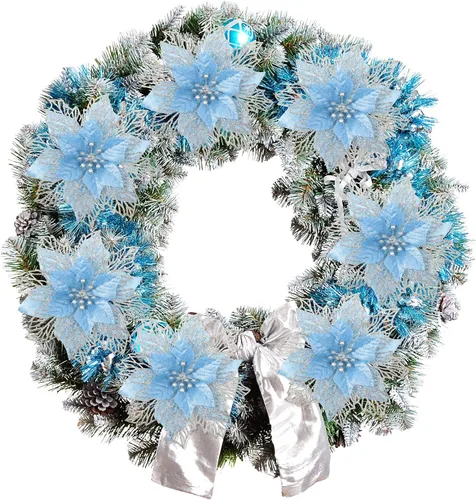 Vista 6 de Geosar 24 piezas de flores de Pascua con purpurina para Año Nuevo, flores artificiales en capas, adornos para árbol de boda y Año Nuevo, 3/4/6 Azul