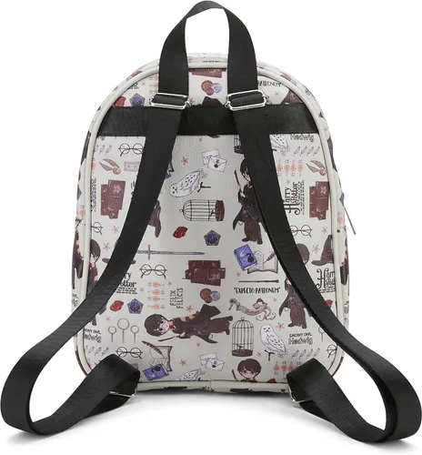Vista 3 de Harry Potter Wizarding World Magic Mini mochila con estampado de iconos Hogwarts Allover de 10.5 pulgadas, correas ajustables, piel sintética