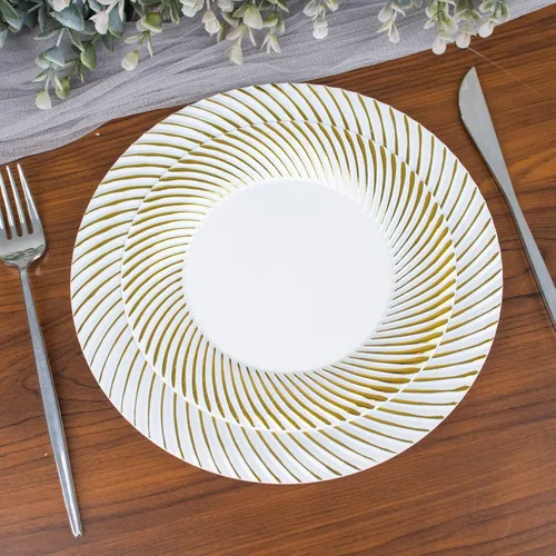 Vista 13 de Paquete de 10 platos de postre de plástico transparente y dorado de 7 pulgadas, platos de ensalada desechables redondos