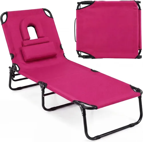 Vista 14 de Tangkula Sillón de playa, reclinable plegable para tomar el sol con agujero frontal, silla de bronceado boca abajo con respaldo ajustable de 4 Beige