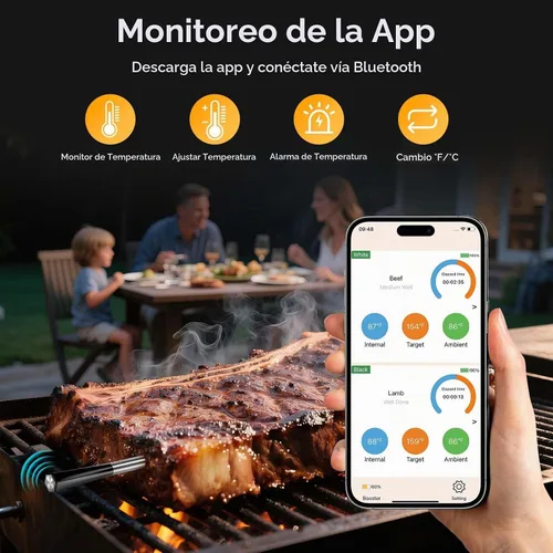 Vista 3 de BlueSwan Termómetro digital Bluetooth para carne, termómetro inalámbrico de 820 pies de alcance con 2 sondas de color con aplicación para parrilla