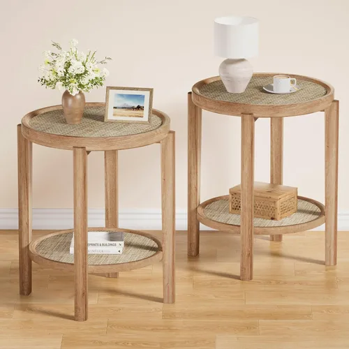 Vista 24 de Eclatara Mesitas de noche de ratán, mesa auxiliar de 2 niveles para dormitorio, mesa auxiliar de polígono decorativa para espacios pequeños, mesa