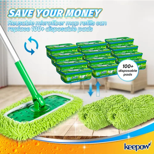 Vista 9 de KEEPOW - Juego de 2 almohadillas de microfibra de felpilla reutilizables compatibles con Swiffer Sweeper Paños de barrido secos lavables