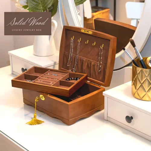 Vista 3 de EURIELK Joyero de madera con cerradura y llave para mujer tamaño mediano madera natural real con cerradura para niñas antiguas con gran