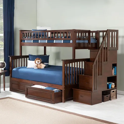 Vista 8 de Cama Atlantic Furniture tipo litera con escalera Columbia y cajones de cama en panel elevado, Madera, Nogal Antiguo