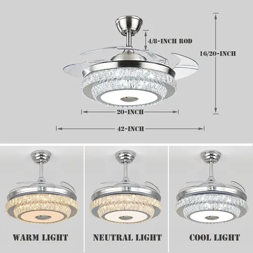 Vista 8 de Fandian Ventilador de techo de cristal moderno de 42 pulgadas con luces de control remoto, lámpara retráctil inteligente, lámpara Bluetooth