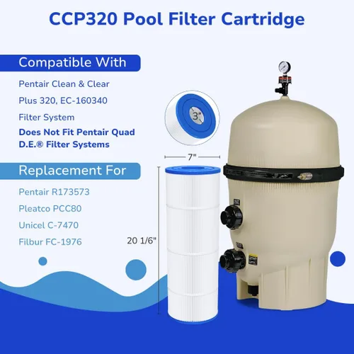 Vista 2 de Fil-fresh Cartucho de filtros de piscina CCP320 compatible con Pentair Clean & Clear Plus 320, sustituye a Pleatco PCC80-PAK4, Pentair R173573