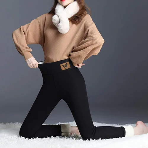 Vista 5 de Leggings de invierno con forro polar para mujer, leggings térmicos de cachemira, cálidos y gruesos, con bolsillos de felpa de cintura alta