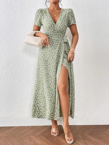 Vista 3 de OYOANGLE Vestido largo de manga corta con cuello en V y estampado floral bohemio para mujer
