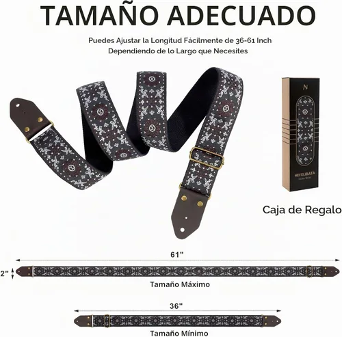 Vista 5 de Nefelibata Correa de guitarra, correas de guitarra de algodón bordado jacquard con extremos de cuero de caballo loco para bajo, eléctrico