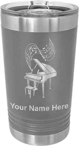 Vista 13 de LaserGram Vaso de pinta aislado al vacío de 16 onzas, piano de cola, grabado personalizado incluido (negro) Engraved Gift for Pianists, Vacuum