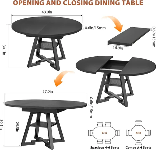 Vista 2 de Mesa de comedor redonda extensible de 43 a 57 pulgadas para 4-6, moderna mesa de comedor ovalada de cocina industrial con hojas extraíbles, base