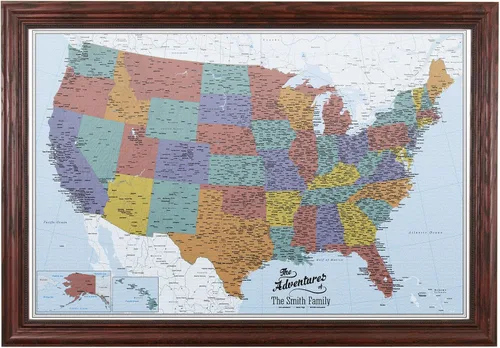 Vista 38 de Push Pin Travel Maps Lienzo personalizado Blue Oceans USA con marco gris de madera de granero