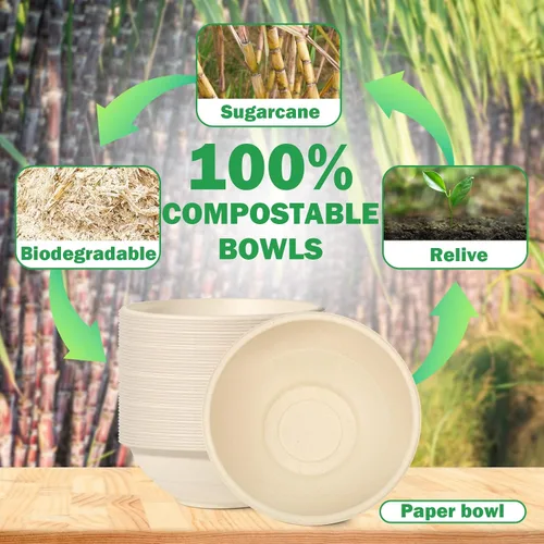 Vista 6 de Cuencos de papel grandes de 32 onzas, paquete de 50 unidades, resistentes, biodegradables y aptos para microondas, cuencos de bagazo ecológicos