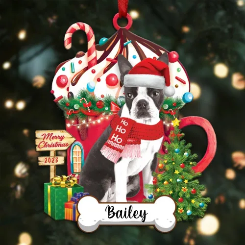 Vista 125 de Akita1 - Adorno personalizado para perro, adorno de perro con nombre personalizado, plano impreso en 2D, acrílico colgante, Papá Noel y perro