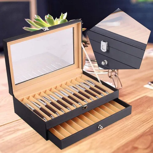 Vista 3 de Caja de exhibición de 24 plumas estilográficas, caja organizadora de bolígrafos de franela de cuero, caja de almacenamiento de cristal con tapa, 12