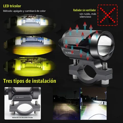 Vista 4 de Luces de conducción de motocicleta de 15 vatios, luces de doble color, blanco/ámbar, 3 modos, luces deportivas con lente impermeable