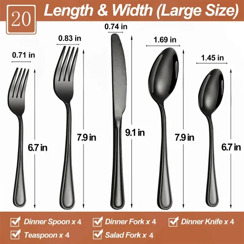 Vista 2 de Juego de cubiertos negros de 20 piezas para 4, juego de cubiertos de acero inoxidable de grado alimenticio, incluye tenedor/cuchillo/cuchara, juego