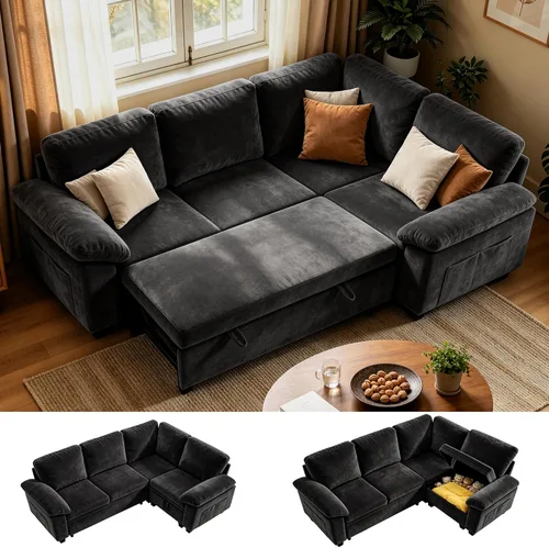 Vista 22 de 86" L-Shaped Sectional Sleeper Couch, Modular Pull-Out Storage Sofa Bed Green
