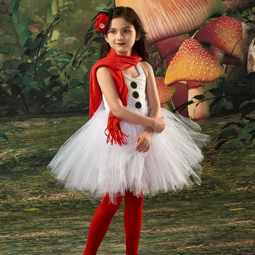 Vista 3 de Disfraz de muñeco de nieve para niñas, vestido tutú de tul blanco con diadema, bufanda y medias, disfraz de cosplay