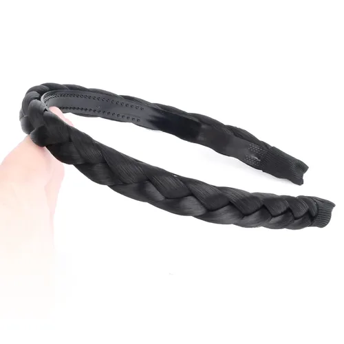 Vista 3 de Ancho de 1.5 cm Banda de pelo sintético trenzada estrecha con dientes para mujeres y niñas (Negro)