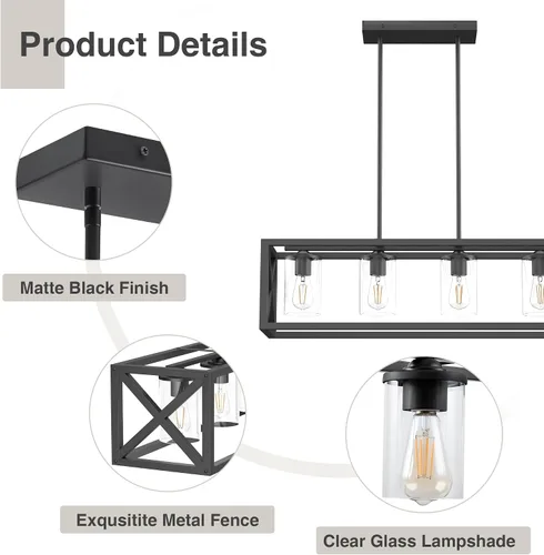 Vista 5 de Lámpara de comedor de granja – Iluminación de isla de cocina de 4 luces con altura ajustable y metal grueso para comedor sobre mesa, candelabros