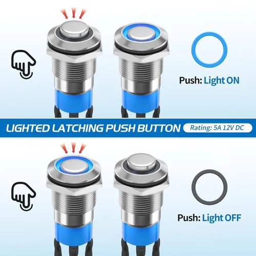 Vista 3 de Interruptor de botón de enganche DaierTek de 12 mm, interruptor de botón de 12 V, carcasa plateada, luz LED azul iluminada, interruptor impermeable