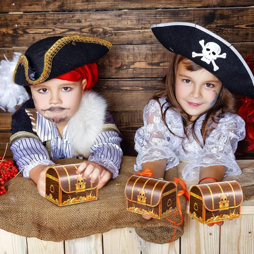 Vista 7 de Chinco Cofre de tesoros de cartón, cofre del tesoro pirata, caja de regalos para Halloween, juego de pirata, fiesta temática de piratas