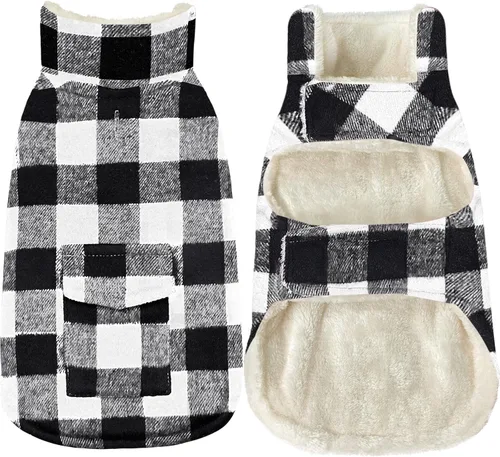 Vista 6 de Malier Chaqueta clásica de forro polar a cuadros con bolsillo, abrigo cálido a prueba de viento para perro, chaleco de invierno para mascotas, ropa