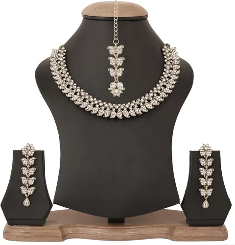 Vista 4 de Touchstone Conjunto de joyas indias para mujer, collar de boda, collar de oro, gargantilla de bollywood, aretes de diamantes de imitación, disfraz