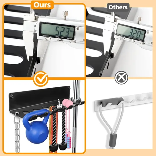 Vista 4 de Organizador de gimnasio, colgador de accesorios de gimnasio en casa, ganchos de montaje en pared para mancuernas olímpicas, asas de fila