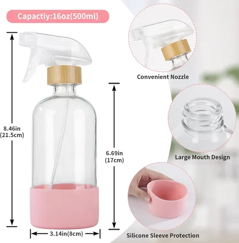 Vista 7 de HOMBYS Botellas vacías de vidrio de bambú con protección de funda de silicona, recipientes de vidrio transparente recargables de 17 onzas